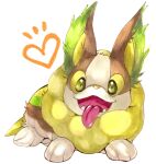 :3 animal_focus commentary_request dog fangs full_body gen_8_pokemon green_eyes happy heart highres looking_at_viewer marker_(medium) mofuo no_humans notice_lines open_mouth pokemon pokemon_(creature) simple_background sitting smile solo tongue tongue_out traditional_media white_background yamper 