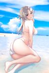  1girl :d ass bare_arms bare_legs bare_shoulders barefoot blue_sky breasts cute from_behind grey_hair highres large_breasts long_hair looking_at_viewer looking_back open_mouth original outdoors photo_background pochi_(pochi-goya) sky smile solo violet_eyes 