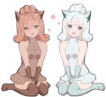  2girls animal_ears blue_dress blue_eyes blue_gloves blue_hair blue_legwear breasts brown_dress brown_eyes brown_gloves brown_hair brown_legwear covered_navel dress fox_ears gen_1_pokemon gloves highres long_hair looking_at_viewer manatsuki_manata multiple_girls open_mouth personification pokemon simple_background sitting sleeveless sleeveless_dress small_breasts thigh-highs vulpix wariza white_background 