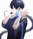  1boy animal_on_shoulder bangs black_hair black_shirt blue_eyes blue_nails braid cat cat_on_shoulder chain closed_mouth commentary_request ear_clip ear_piercing earrings from_side hands_up jewelry long_hair looking_at_viewer male_focus nail_polish original piercing profile sakusya2honda shirt short_sleeves sideways_glance simple_background single_braid single_earring solo t-shirt tattoo upper_body watch watch white_background 