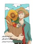  1boy apple bag baguette belt blonde_hair blue_shirt blue_sky border bread character_doll closed_mouth clouds collarbone commentary_request dated english_text flower food fruit grocery_bag hand_on_hip happy_birthday hat highres jujutsu_kaisen leaf loose_necktie male_focus mimaru_(mimaruramim) nanami_kento necktie orange_(food) red_neckwear shirt shopping_bag short_hair sky sleeves_rolled_up solo straw_hat sunflower sweat upper_body white_border 