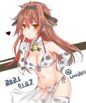  animal_print bell bikini breasts brown_eyes brown_hair cow_print dated detached_collar eiji_(monochromexd) elbow_gloves front-tie_bikini front-tie_top gloves hair_flaps hairband heart highres kantai_collection long_hair medium_breasts neck_bell sarong shiratsuyu_(kancolle) side-tie_bikini swimsuit thigh-highs twitter_username 