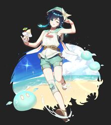  1boy :p absurdres androgynous bangs bare_shoulders beach belt beret black_hair blue_hair braid choker closed_mouth clothing_request clouds cloudy_sky collarbone commentary day desert flower food food_request full_body genshin_impact gradient_hair green_eyes green_headwear green_shorts hair_flower hair_ornament hat highres holding holding_plate holding_spoon ice_cream kkopoli leg_tattoo looking_at_viewer male_focus multicolored_hair ocean one_eye_closed plate shirt short_hair_with_long_locks shorts sidelocks sky sleeveless slime_(genshin_impact) smile solo spoon star_(sky) symbol_commentary tattoo tongue tongue_out twin_braids venti_(genshin_impact) water white_flower white_shirt wind wristband 