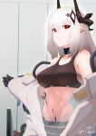  1girl arknights armpit_crease bangs bare_shoulders black_collar black_gloves black_sports_bra blush breasts collar collarbone commentary_request covered_nipples cowboy_shot dated ear_piercing eyebrows_visible_through_hair gloves groin hair_between_eyes hair_ornament highres horns indoors infection_monitor_(arknights) jumpsuit kemomimiochanu large_breasts long_hair looking_at_viewer mudrock_(arknights) navel no_panties open_jumpsuit oripathy_lesion_(arknights) parted_lips partial_commentary piercing pointy_ears red_eyes sarashi sidelocks signature silver_hair solo sports_bra standing steam stomach sweat white_jumpsuit 