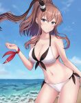  1girl beach bikini bikini_bottom bikini_top black_bikini blue_eyes blush breasts brown_hair cowboy_shot front-tie_bikini front-tie_top hair_between_eyes highres kantai_collection large_breasts light_blush monoku ocean ponytail sand saratoga_(kancolle) side-tie_bikini side_ponytail sidelocks smile smokestack solo swimsuit two-tone_bikini white_background white_bikini 