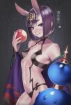  1girl :q bare_shoulders blush bob_cut breasts character_name commentary_request cowboy_shot eyebrows_visible_through_hair eyeliner fate/grand_order fate_(series) fingernails food food_bite fruit gourd headpiece highres holding holding_food holding_fruit horns japanese_clothes jewelry kimono licking_lips looking_at_viewer makeup nanja navel oni oni_horns open_clothes open_kimono peach purple_hair purple_kimono revealing_clothes saliva short_eyebrows short_hair shuten_douji_(fate) skin-covered_horns small_breasts smile solo tongue tongue_out violet_eyes wide_sleeves 