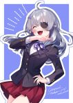  1girl ahoge bangs blazer buttons closed_eyes collared_shirt commission eyepatch fangs grey_hair hair_ornament hairclip jacket long_hair long_sleeves nokachoco114 open_mouth original pleated_skirt pointy_ears shirt signature simple_background skeb_commission skirt solo 