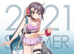  1girl 2021 akebono_(kancolle) bell bikini bikini_skirt breasts collarbone cooler cowboy_shot drew_(drew213g) flower hair_bell hair_flower hair_ornament jingle_bell kantai_collection leg_belt long_hair looking_at_viewer machinery navel official_art purple_bikini purple_hair scrunchie side_ponytail small_breasts solo stomach summer swimsuit torpedo torpedo_launcher very_long_hair violet_eyes 