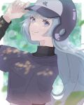  1girl adjusting_clothes adjusting_headwear bangs baseball_helmet baseball_uniform black_shirt blue_hair blurry bokeh border closed_mouth commentary_request dappled_sunlight depth_of_field falling_leaves from_side green_background hand_up helmet highres jujutsu_kaisen leaf long_hair long_sleeves looking_at_viewer looking_to_the_side miwa_kasumi outside_border shionagi_hagi shirt smile solo sportswear sunlight upper_body violet_eyes white_border 