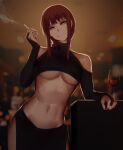  1girl absurdres bangs blunt_bangs blurry blurry_background breasts bridal_gauntlets chainsaw_man cigarette clothing_cutout cup drinking_glass highres holding holding_cigarette long_hair looking_at_viewer makima_(chainsaw_man) medium_breasts navel redhead shoulder_cutout smoke solo under_boob wine_glass yellow_eyes zaki_(zaki_btw) 