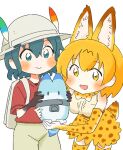  2girls :d animal_ear_fluff animal_ears backpack bag black_gloves blonde_hair blue_eyes blue_hair blush bow bowtie commentary_request elbow_gloves extra_ears gloves hat hat_feather kaban_(kemono_friends) kemono_friends lucky_beast_(kemono_friends) multiple_girls open_mouth print_legwear print_skirt red_shirt serval_(kemono_friends) serval_ears serval_print serval_tail shirt short_hair simple_background skirt smile tail thigh-highs wamakwp white_background white_headwear yellow_eyes 