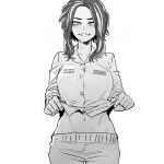  1girl absurdres blush boku_no_hero_academia character_request clothes_lift cowboy_shot fingers greyscale highres lifted_by_self long_sleeves looking_at_viewer medium_hair midriff monochrome multicolored_hair navel pants ratatatat74 shirt_lift simple_background smile solo standing streaked_hair sweat white_background 