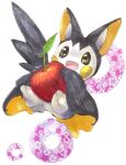  animal_focus apple black_eyes blush_stickers commentary_request emolga food fruit full_body gen_5_pokemon happy highres holding holding_food leaf looking_at_viewer marker_(medium) mofuo no_humans open_mouth pokemon pokemon_(creature) smile solo star_(symbol) traditional_media white_background 