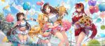  4girls ahoge black_hair blonde_hair brown_hair cheerleader figure_story flower hairband hat hieihirai highres holding holding_pom_poms hunter_(figure_story) kazue_(figure_story) kizuna_ai kizuna_ai_inc. long_hair looking_at_viewer multicolored_hair multiple_girls open_mouth pink_hair pink_hairband pom_pom_(cheerleading) redhead short_hair skirt smile very_long_hair virtual_youtuber white_legwear yuki_(figure_story) 