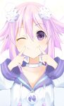 1girl absurdres bangs bimmy blush choker d-pad d-pad_hair_ornament eyebrows_visible_through_hair hair_between_eyes hair_flaps hair_ornament highres hood hoodie looking_at_viewer neptune_(neptune_series) neptune_(series) purple_hair short_hair sidelocks simple_background smile solo violet_eyes white_background white_hoodie 