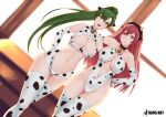  2girls animal_ears animal_print arm_behind_back bangs bell breasts cherche_(fire_emblem) clothing_cutout collarbone cow_ears cow_horns cow_print cowbell ear_tag elbow_gloves fire_emblem fire_emblem:_the_blazing_blade fire_emblem_awakening fire_emblem_heroes gloves green_eyes green_hair hand_on_hip highres horns kaos_art large_breasts long_hair lyn_(fire_emblem) multiple_girls navel neck_bell one-piece_swimsuit open_mouth parted_lips ponytail red_eyes redhead revealing_clothes side-by-side smile swimsuit thigh-highs two-tone_swimsuit 