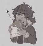  1boy bangs blush bright_pupils burger commentary_request eating food greyscale hanamaru_081 hands_up holding holding_food jacket leon_(pokemon) long_sleeves lowres male_focus medium_hair monochrome open_clothes open_jacket open_mouth pokemon pokemon_(game) pokemon_swsh sesame_seeds shirt solo tongue younger 