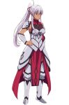  1girl aisha_udgard armor armored_boots boots breasts dark_elf dark_skin elf eyebrows_visible_through_hair full_body genjitsu_shugi_yuusha_no_oukoku_saikenki grey_hair hair_between_eyes hand_on_hip leg_armor long_hair medium_breasts official_art pointy_ears ponytail solo standing transparent_background violet_eyes 