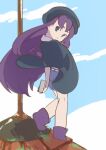  1girl belt black_eyes black_headwear blue_shorts blue_sky clouds cloudy_sky full_body highres holding holding_phone kuizhi_(the_legend_of_luoxiaohei) long_hair osushi_templa phone purple_footwear purple_hair shoes shorts sky solo standing the_legend_of_luo_xiaohei very_long_hair white_belt 