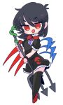  1girl asymmetrical_wings black_dress black_hair black_legwear blue_wings bow bowtie buttons center_frills dress footwear_bow frilled_dress frills highres houjuu_nue mary_janes op_na_yarou pointy_ears polearm red_bow red_eyes red_footwear red_neckwear red_wings sailor shoes short_dress short_hair short_sleeves simple_background snake thigh-highs touhou trident weapon white_background wings wristband 