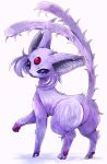  animal_focus ass blue_eyes commentary english_commentary espeon fluffy forehead_jewel from_behind full_body gen_2_pokemon highres looking_at_viewer looking_back marker_(medium) mofuo no_humans pawpads pokemon pokemon_(creature) purple_theme simple_background solo standing traditional_media white_background 