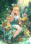  ^_^ absurdres apple bangs bird blonde_hair blue_flower blush breasts closed_eyes collarbone elbow_gloves eyebrows_visible_through_hair flower food fruit gloves green_skirt halter_top halterneck head_wreath high-waist_skirt highres holding holding_food holding_fruit kiwi long_hair melon nijisanji nijisanji_en open_hand open_mouth pomu_rainpuff pomudachi_(pomu_rainpuff) red_flower sitting skirt small_breasts smile wy_lee_(pixelnoodle) yellow_flower 