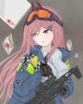  1girl 4urora absurdres bangs blush breasts brown_jacket card closed_mouth eyebrows_visible_through_hair eyewear_on_head girls_frontline grey_background highres holding holding_weapon jacket long_hair looking_away pink_hair playing_card police police_uniform red_eyes shirt sig_mcx_(girls_frontline) solo uniform weapon white_shirt 