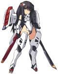  1girl bangs black_gloves black_hair blue_eyes closed_mouth copyright_request covered_navel eyebrows_visible_through_hair gloves hair_between_eyes headgear karukan_(monjya) leotard mecha_musume sheath simple_background solo sword unsheathed weapon white_background white_leotard 
