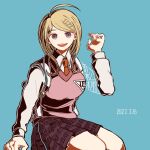  1girl :d ahoge akamatsu_kaede backpack bag bangs blonde_hair breasts collared_shirt commentary_request dangan_ronpa_(series) dangan_ronpa_v3:_killing_harmony dated hair_ornament hand_up kiri_(2htkz) large_breasts long_hair long_sleeves looking_at_viewer miniskirt musical_note musical_note_hair_ornament necktie open_mouth pink_vest pleated_skirt school_uniform shirt simple_background sitting skirt smile solo sweater_vest translation_request vest white_shirt 