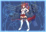  1girl animal_ears blue_background breasts brown_hair closed_mouth collar cosplay daiwa_scarlet_(umamusume) full_body hair_intakes hair_tie hand_on_hip headgear hip_vent horse_ears horse_tail jacket kantai_collection large_breasts long_hair metal_collar moke_ro pleated_skirt range_finder red_skirt rigging skirt solo standing tail thigh-highs tiara trait_connection turret twintails uchuu_senkan_yamato uchuu_senkan_yamato_2199 umamusume very_long_hair violet_eyes white_jacket white_legwear yamato_(kancolle) yamato_(kancolle)_(cosplay) 