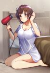  1girl bangs barefoot bed blanket blush breasts brown_eyes brown_hair closed_mouth collarbone commentary_request covered_nipples eyebrows_visible_through_hair hands_up highres holding_hair_dryer honda_mio idolmaster idolmaster_cinderella_girls large_breasts looking_at_viewer no_bra seiza shiny shiny_hair shirt short_hair sitting solo z.nov 