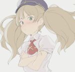  1girl bangs blonde_hair blush child closed_mouth crossed_arms flat_chest green_eyes grey_background hat kohaku_q looking_at_viewer military_hat monika_weisswind necktie princess_connect! shirt short_sleeves simple_background solo twintails upper_body 