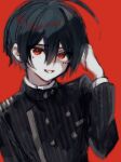  1boy ahoge bangs black_hair black_jacket buttons commentary_request dangan_ronpa_(series) dangan_ronpa_v3:_killing_harmony double-breasted grin hair_between_eyes hand_up highres jacket long_sleeves looking_at_viewer male_focus open_mouth red_background red_eyes saihara_shuuichi short_hair simple_background smile solo upper_body ze_ro_saiji 