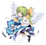  1girl angel_wings ascot bangs black_footwear blue_bow blue_dress blue_eyes blue_hair bow brown_eyes cirno crossed_arms daiyousei doll dress eyebrows_visible_through_hair full_body garter_straps green_hair hair_bow hat hat_bow high_heels highres holding holding_clothes holding_dress ice ice_wings kuroshirase long_hair looking_at_viewer pinafore_dress pointy_ears puffy_short_sleeves puffy_sleeves red_neckwear shirt short_sleeves side_ponytail simple_background solo thigh-highs touhou twitter_username white_background white_legwear white_shirt white_wings wings yellow_bow yellow_neckwear 