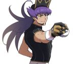  1boy bangs baseball_cap blurry champion_uniform closed_mouth dark-skinned_male dark_skin dynamax_band eyebrows_visible_through_hair facial_hair floating_hair gloves hat holding holding_poke_ball leon_(pokemon) long_hair male_focus morio_(poke_orio) outstretched_arm partially_fingerless_gloves poke_ball pokemon pokemon_(game) pokemon_swsh purple_hair shirt short_sleeves simple_background smile solo ultra_ball white_background yellow_eyes 