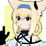  1girl animal_ears arknights bangs bare_shoulders black_gloves blonde_hair chestnut_mouth eyebrows_visible_through_hair fox_ears fox_girl frown gloves green_eyes hairband highres index_finger_raised infection_monitor_(arknights) longmoon0909 oripathy_lesion_(arknights) solo suzuran_(arknights) 