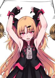  1girl akatsuki_uni armpits bangs black_dress black_gloves black_jacket blonde_hair blush dress eyebrows_visible_through_hair fang fingerless_gloves gloves hair_ornament hairclip hands_up highres jacket long_hair looking_at_viewer open_mouth parted_bangs red_eyes santa_(sunflower) skin_fang solo two_side_up uni_create very_long_hair 