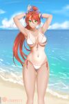  1girl adjusting_hair bangs banned_artist bare_hips bare_legs bare_shoulders bikini breasts circlet green_eyes hair_ribbon headgear highres kimmy77 large_breasts legs looking_at_viewer navel ponytail pyrrha_nikos redhead ribbon rwby shiny shiny_skin side-tie_bikini smile solo swimsuit tan tanlines thigh_gap 