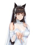 1girl animal_ears atago_(azur_lane) azur_lane breasts bridal_veil brown_hair closed_mouth cozie178 dress eyebrows_visible_through_hair fingernails hand_on_breast highres large_breasts long_hair looking_at_viewer mole mole_under_eye smile solo veil wedding_dress white_background white_dress yellow_eyes 