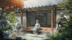  1girl absurdres architecture artist_name black_hair blue_kimono bucket cat day east_asian_architecture hair_ornament highres huge_filesize japanese_clothes kimono long_hair obi original outdoors regu_(7lava) rock sash scenery signature sitting soaking_feet solo stone_lantern tree vase water 