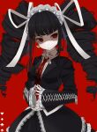 1girl bangs black_hair black_skirt blunt_bangs bonnet card celestia_ludenberg center_frills commentary dangan_ronpa:_trigger_happy_havoc dangan_ronpa_(series) drill_hair earrings fingers_together frills gothic_lolita heart highres jacket jewelry lace_trim lolita_fashion long_hair long_sleeves looking_at_viewer nail_polish necktie print_neckwear red_background red_eyes red_neckwear ribbon shirt simple_background skirt smile solo togeticisa twin_drills twintails white_shirt 
