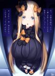  1girl abigail_williams_(fate) alternate_breast_size black_bow black_dress blonde_hair bow breasts dark_room dress eyelashes fate/grand_order fate_(series) forehead hair_bow highres huge_breasts light_blue_eyes long_hair long_sleeves looking_at_viewer multiple_bows multiple_hair_bows older orange_bow polka_dot polka_dot_bow shoes sleeves_past_fingers sleeves_past_wrists solo translation_request very_long_hair watosu 