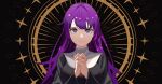  1girl alternate_costume bakemonogatari bangs black_shirt breasts closed_mouth eyelashes fingers fingers_together hand_gesture hands_clasped hands_up long_hair looking_at_viewer makotosann medium_breasts monogatari_(series) nun own_hands_together purple_hair senjougahara_hitagi shadow shiny shiny_hair shirt sidelocks smile solo swept_bangs upper_body violet_eyes wide_sleeves 