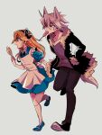  1boy 1girl ahoge alice_(alice_in_wonderland) alice_(alice_in_wonderland)_(cosplay) alice_in_wonderland animal_ears apron black_bow black_hairband black_jacket blazblue blonde_hair blue_dress bow candy cosplay dress food fur_trim green_eyes grey_hair hair_bow hairband hands_in_pockets height_difference heterochromia jacket lollipop long_hair looking_at_viewer mako_gai mullet noel_vermillion ragna_the_bloodedge red_eyes short_hair silver_hair smile tail white_hair wolf wolf_boy wolf_ears wolf_tail 