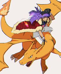  1boy baseball_cap cape champion_uniform charizard closed_mouth dark-skinned_male dark_skin dynamax_band facial_hair fire flame fur-trimmed_cape fur_trim gen_1_pokemon gloves hand_up hat highres leggings leon_(pokemon) long_hair male_focus morio_(poke_orio) partially_fingerless_gloves pokemon pokemon_(creature) pokemon_(game) pokemon_swsh purple_hair red_cape riding riding_pokemon shirt short_shorts short_sleeves shorts smile white_background white_legwear white_shorts white_wristband wristband yellow_eyes 