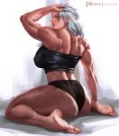  1girl back bare_shoulders barefoot black_panties black_tank_top breasts covered_nipples dorohedoro hand_on_head looking_to_the_side muscular muscular_female noi_(dorohedoro) panties rejean_dubois silver_hair sitting tank_top thick_thighs thighs toes underwear wariza 