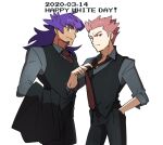  2boys alternate_costume black_pants black_vest brown_neckwear collared_shirt commentary_request dark-skinned_male dark_skin dated facial_hair grey_shirt hand_in_pocket highres lance_(pokemon) leon_(pokemon) long_hair male_focus morio_(poke_orio) multiple_boys necktie pants pokemon pokemon_(game) pokemon_hgss pokemon_swsh purple_hair shirt sleeves_rolled_up spiky_hair vest white_day yellow_eyes 