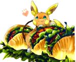  alolan_form alolan_raichu animal_focus blush_stickers closed_mouth commentary_request food food_focus gen_7_pokemon green_eyes happy heart in_food ketchup leaning_forward lettuce licking_lips looking_at_viewer marker_(medium) meat mofuo no_humans notice_lines oversized_food pokemon pokemon_(creature) sandwich simple_background smile solo standing tongue tongue_out traditional_media white_background 