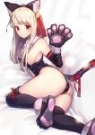  1girl absurdres animal_ear_fluff animal_ears ass bangs bare_shoulders bell black_gloves black_legwear blush breasts cat_ears cat_tail center_opening elbow_gloves fake_animal_ears fate/kaleid_liner_prisma_illya fate_(series) fur_collar gloves hair_between_eyes hair_ribbon highres illyasviel_von_einzbern jingle_bell legs long_hair looking_at_viewer nakanishi_tatsuya paw_gloves paws red_eyes ribbon sidelocks small_breasts smile solo tail thigh-highs thighs white_hair 