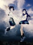  2girls clouds cloudy_sky dated headgear highres holding_hands i-400_(kancolle) i-401_(kancolle) kantai_collection kneehighs kokudou_juunigou long_hair multiple_girls open_mouth outdoors photo-referenced photo_background pleated_skirt ponytail sailor_collar school_uniform serafuku shoes short_sleeves skirt sky smile sneakers twitter_username white_footwear 